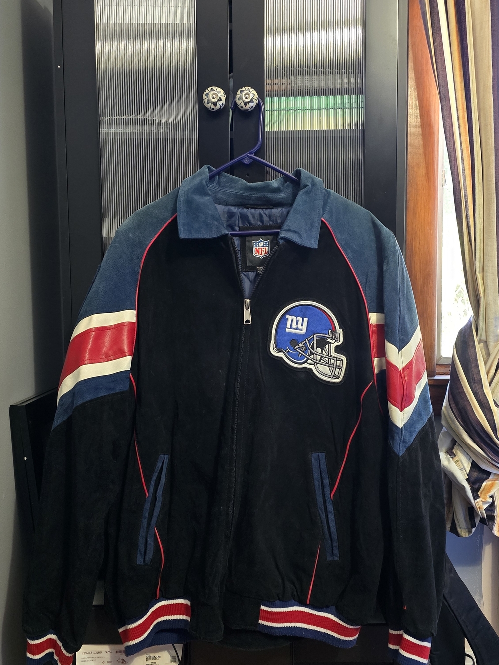 Vintage NFL New York Giants Black Suede Bomber Jacket with Blue & Red Accents